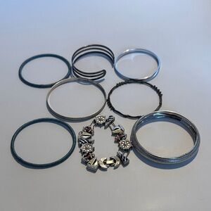 Lot of Silver Tone Bangles and and 1 Stretch Bracelet